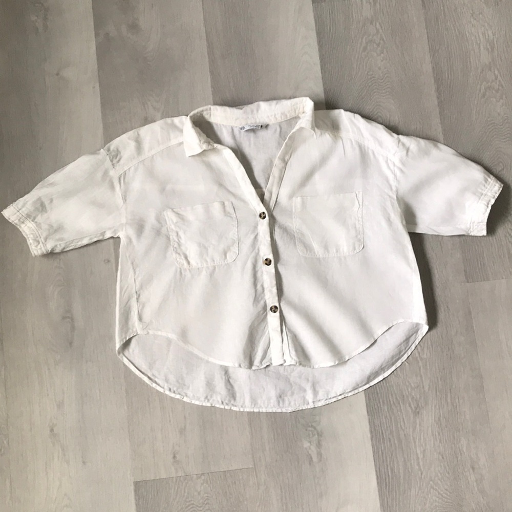 ZARA 100% LINEN WHITE BUTTON SHORT SLEEVE CROP SHIRT WOMEN L